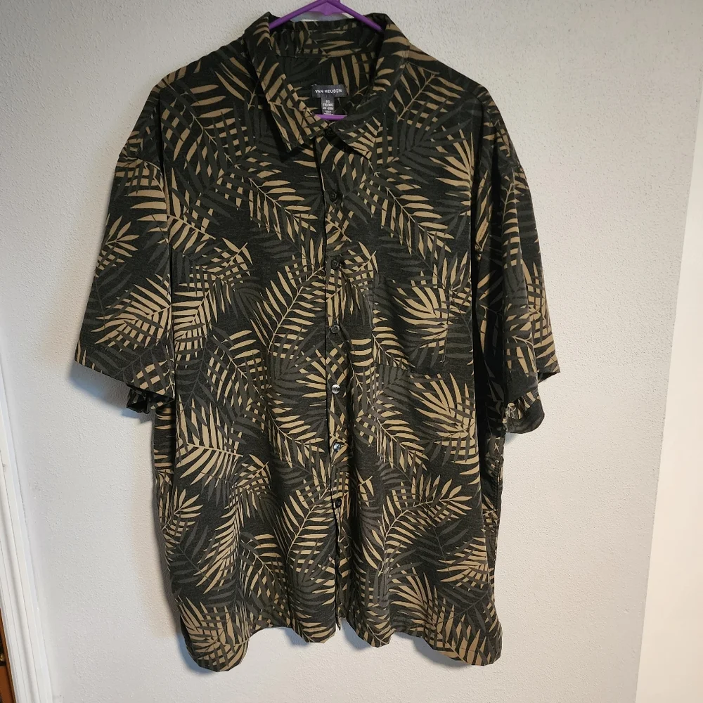 Men's 3XL VAN HEUSEN Button Down Shirt Black Wirh Tan Palm Leaves - Picture 2 of 5